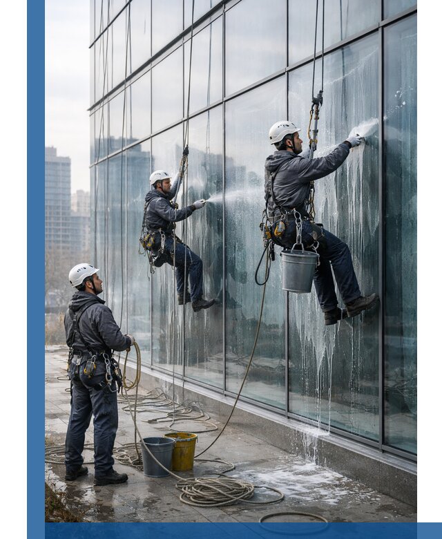 Промышленная мойка панорамных окон на высоте в Ступине