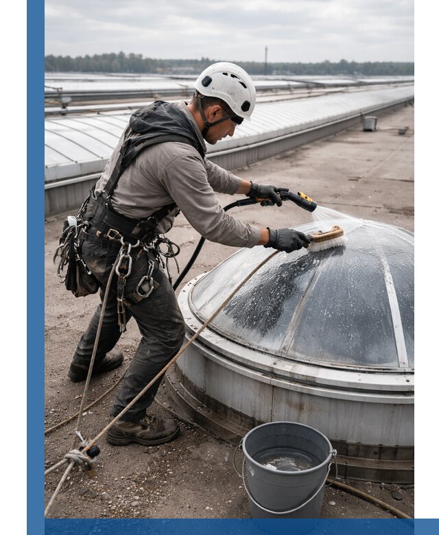 Мойка зенитных фонарей на кровле для промышленных объектов в Ступине