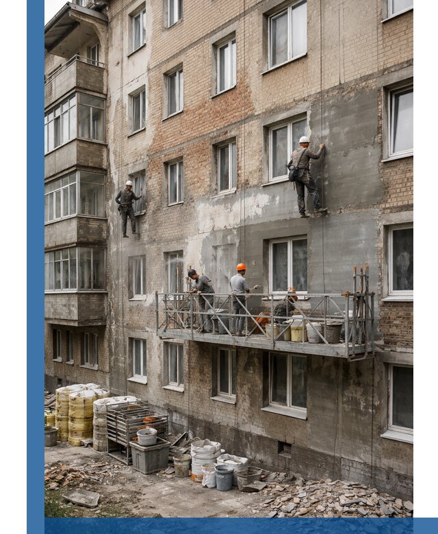 Капитальный ремонт фасада в Ступине с восстановлением и гидроизоляцией