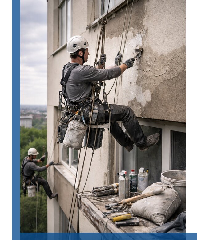 Косметический ремонт фасада зданий в Ступине промышленными альпинистами