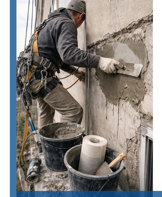 Ремонт бетонных элементов фасада промышленными альпинистами в Ступине