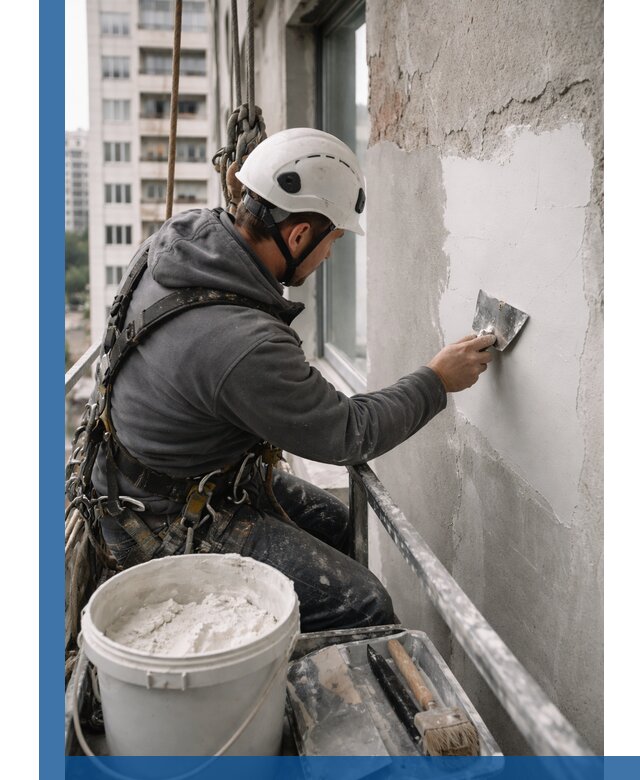 Шпаклевка фасадов на высоте с промальпинистами в Ступине