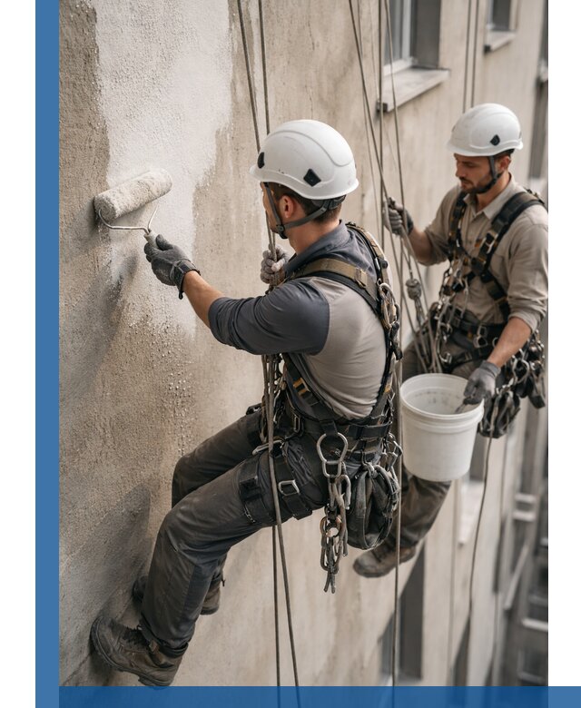 Грунтовка фасада на высоте в Ступине промышленными альпинистами