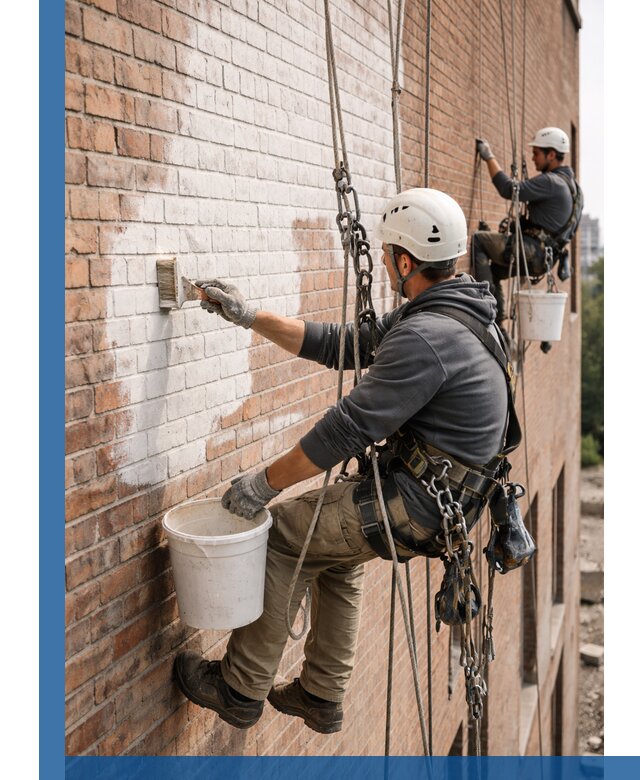 Покраска кирпичного фасада с доступным альпинистским сервисом в Ступине