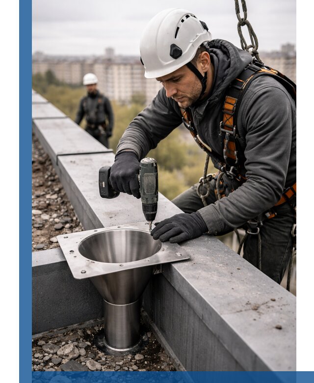 Монтаж водосточных воронок в Ступине для промышленных зданий