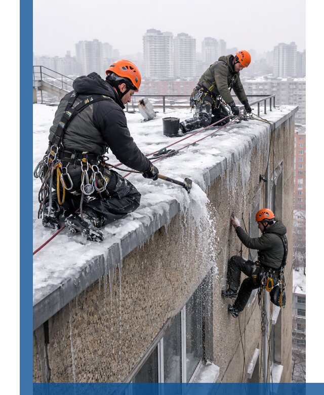 Удаление наледи с кровли в Ступине промышленными альпинистами