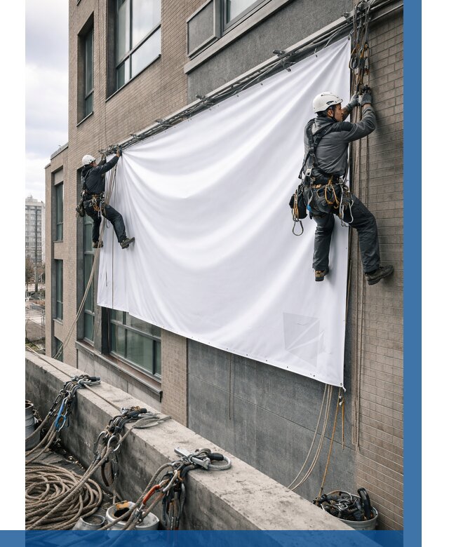 Монтаж баннеров на фасаде в Ступине от 676 р. заказать ВЫСОТНИК-Стп