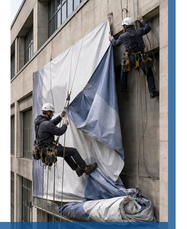 Демонтаж баннеров с фасада в Ступине от 4677 р. | ВЫСОТНИК-Стп