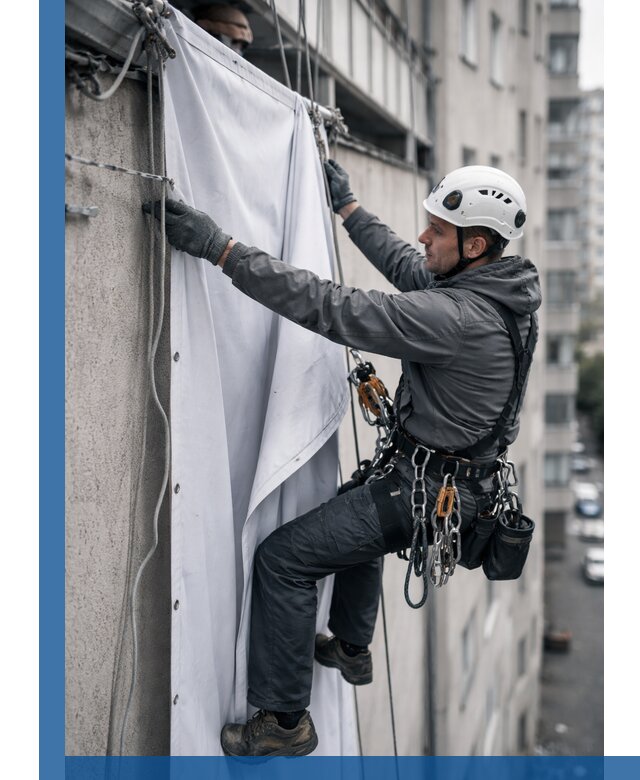 Замена баннерного полотна промышленными альпинистами в Ступине