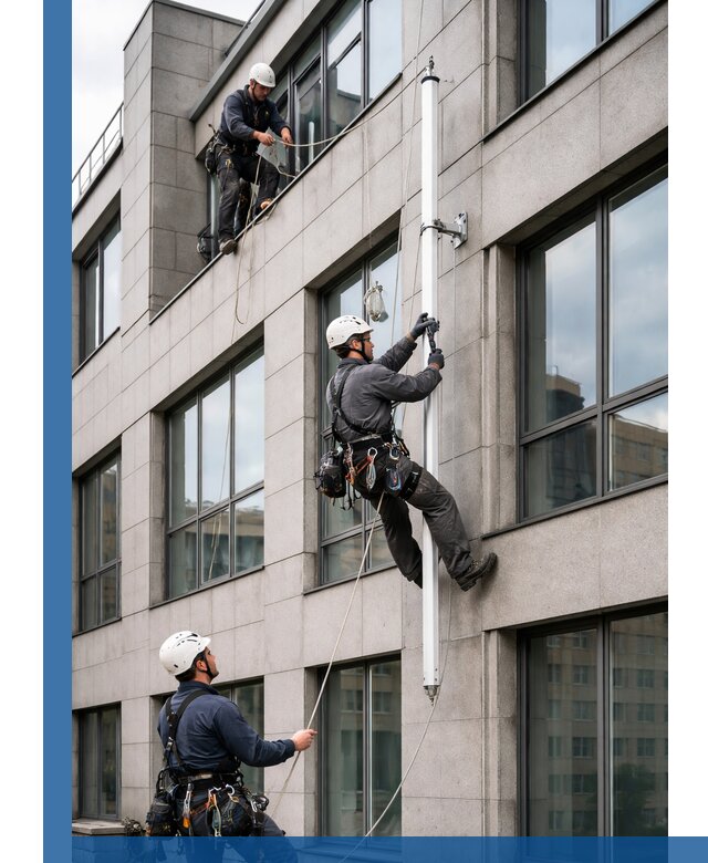 Монтаж флагштока на фасаде здания с креплением и герметикой в Ступине
