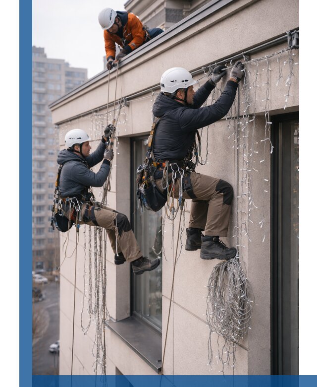 Монтаж праздничных гирлянд на фасаде в Ступине для зданий