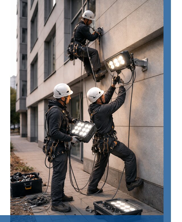 Монтаж прожекторов на фасаде в Ступине от 7796 р. | ВЫСОТНИК-Стп