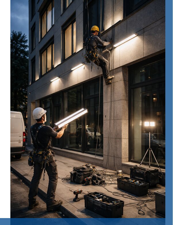 Монтаж архитектурной подсветки здания в Ступине от 2599 р.|ВЫСОТНИК-Стп