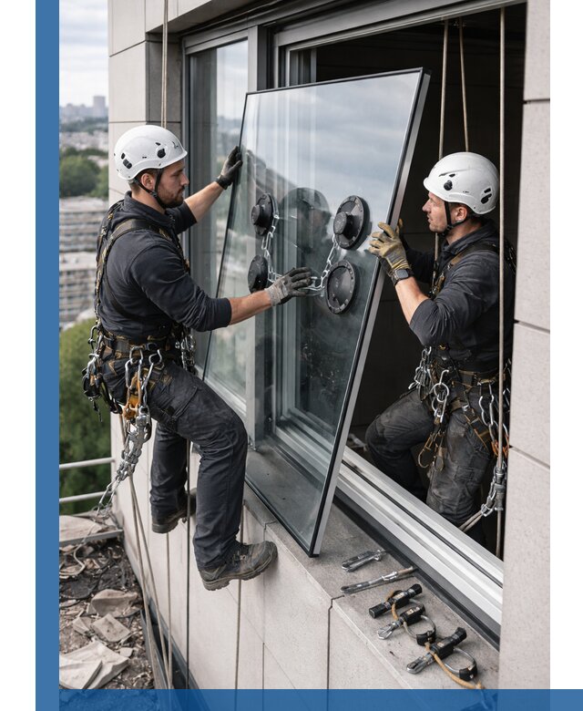 Замена стеклопакетов на высоте с промышленными альпинистами в Ступине