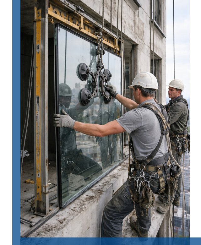 Монтаж стеклопакетов на высоте в Ступине с промышленным альпинизмом