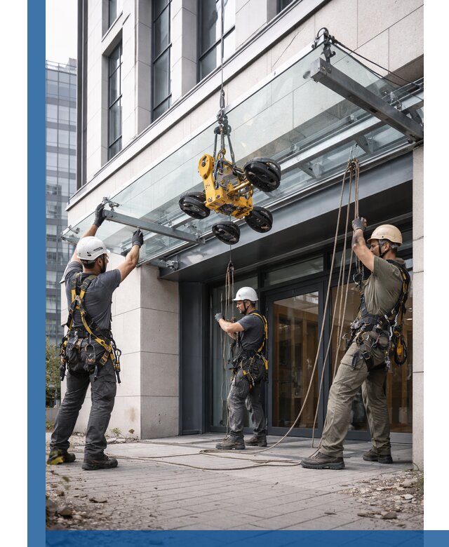 Монтаж стеклянных козырьков под ключ в Ступине для зданий