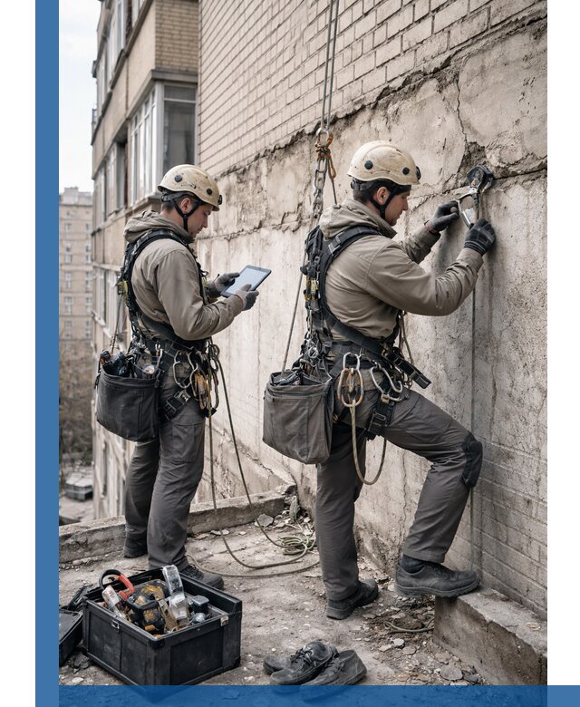 Обследование фасада промышленными альпинистами в Ступине